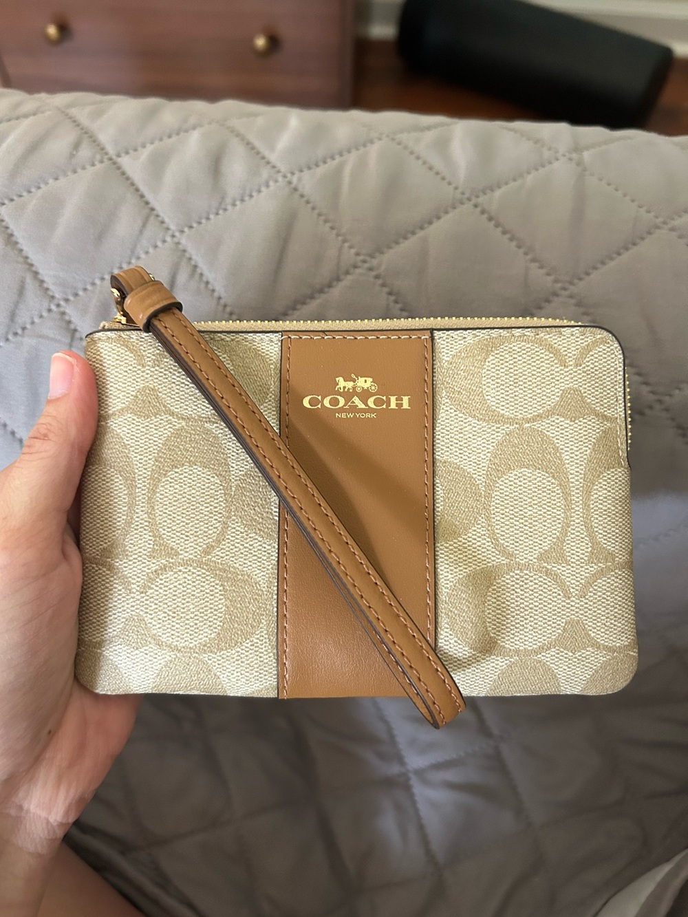 Coach Beige Signature Canvas Wristlet with Chestnut Trim